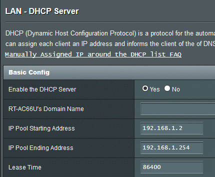 Specifying DHCP for an Asus router