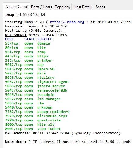 LAN side nmap scan of the Synology RT2600ac router