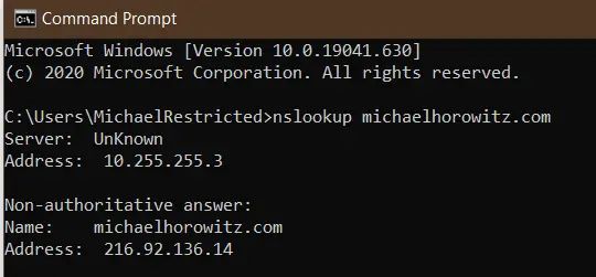 nslookup showing VPN in charge of DNS